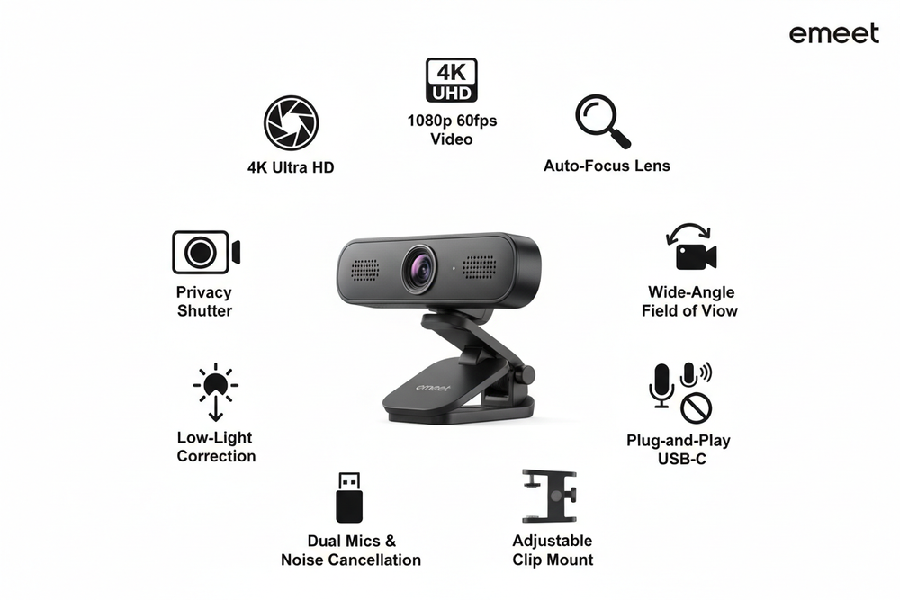 Give me a picture that shows the emeet wbecam with all of its features shown/listed